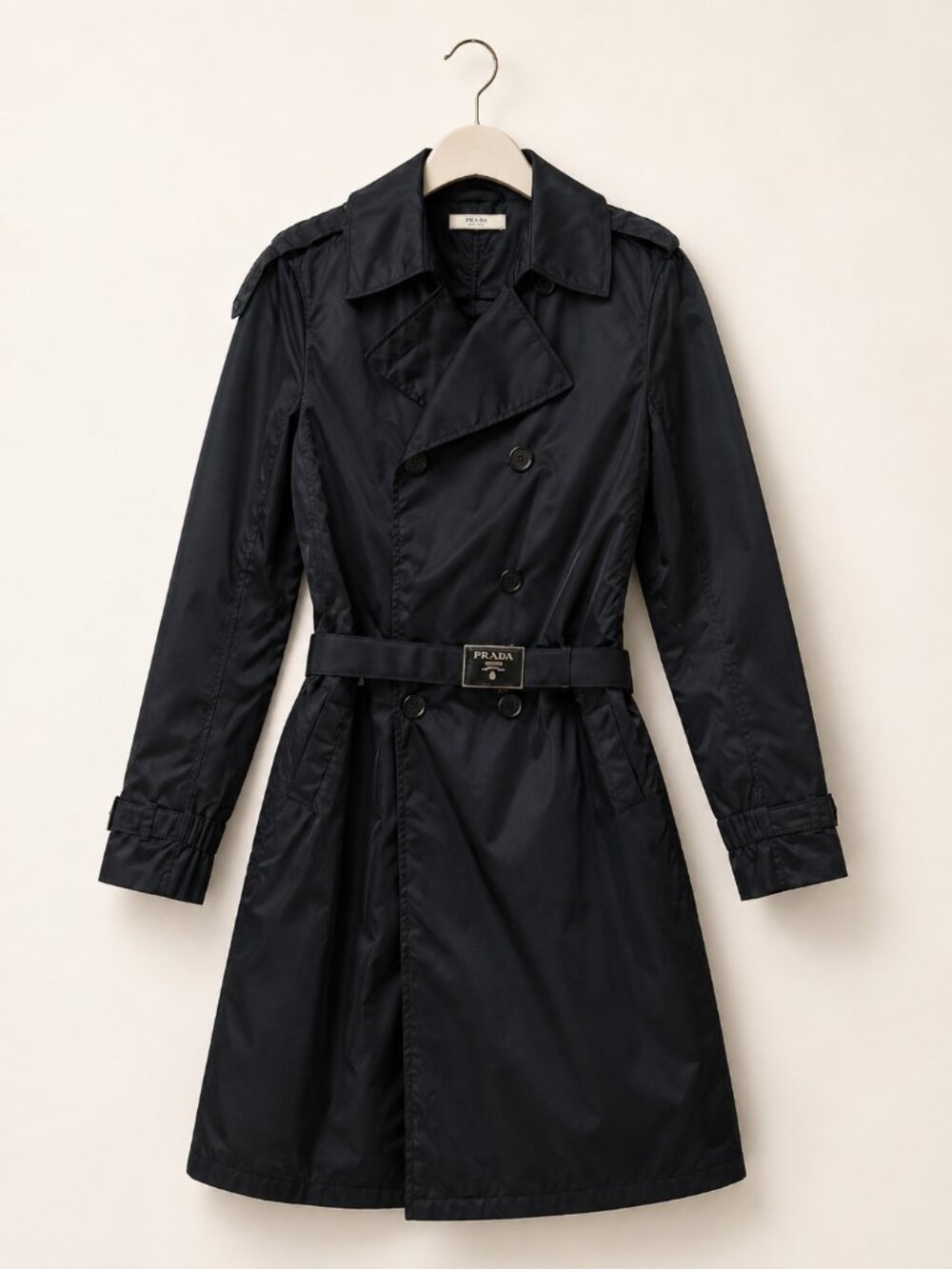 Prada Black Double-Breasted Nylon Trench Coat with Logo Belt - Picture 5 of 6